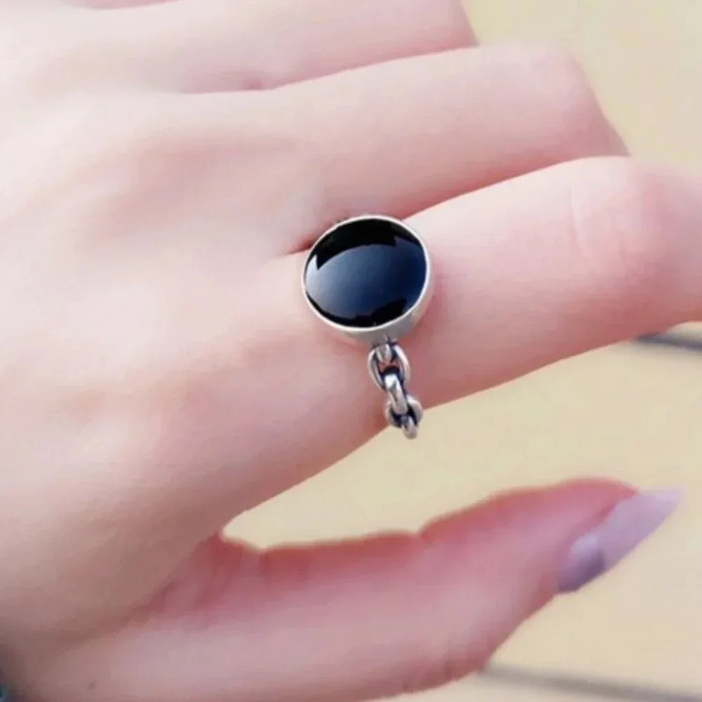 Minimalist Sterling Silver Black Circle Chain Ring